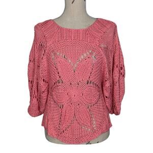Vintage Chaudry KC Floral Open Knit Boho Crochet Sweater Pink